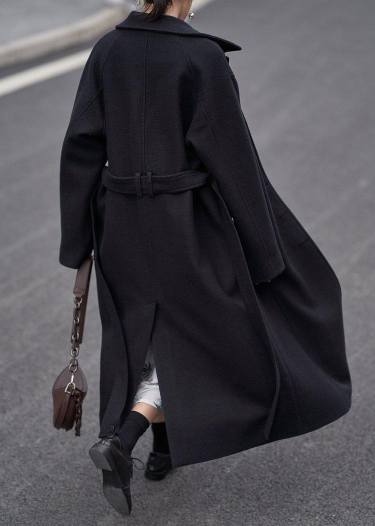 Fine Oversize Long Coats Black Notched Tie Waist Wool Jackets
