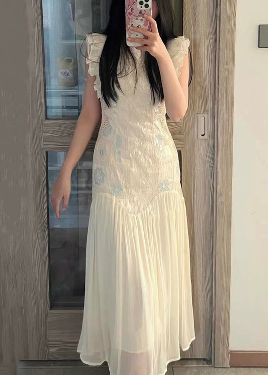 Apricot Embroidered Wrinkled Patchwork Long Dress Summer