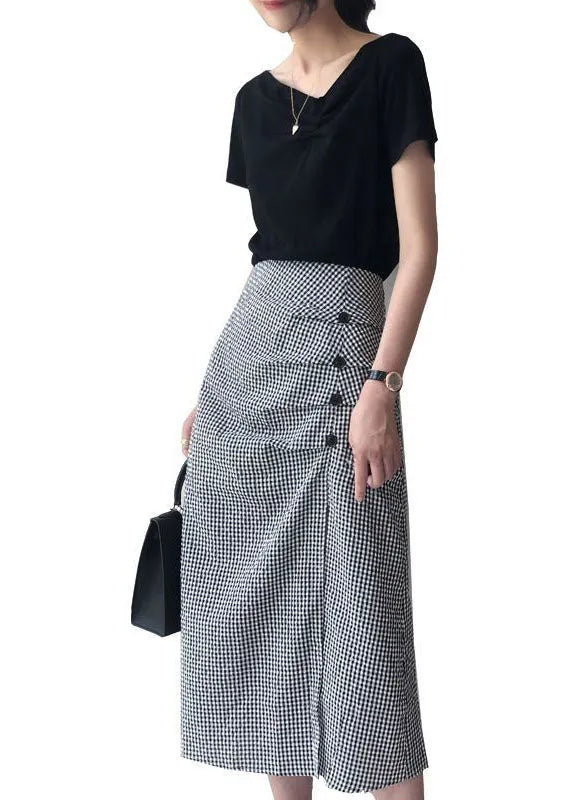 Black V Neck Tops and Skirts Cotton Two Pieces Summer