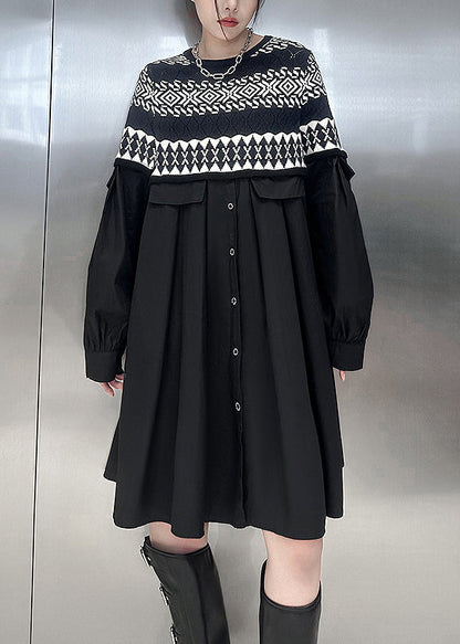 Black O Neck Knit Patchwork Cotton Dresses Fall