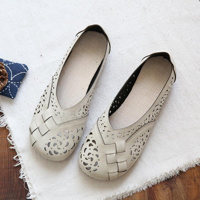 Hollow Out Plait Linen Insole Leather Flats Shoes