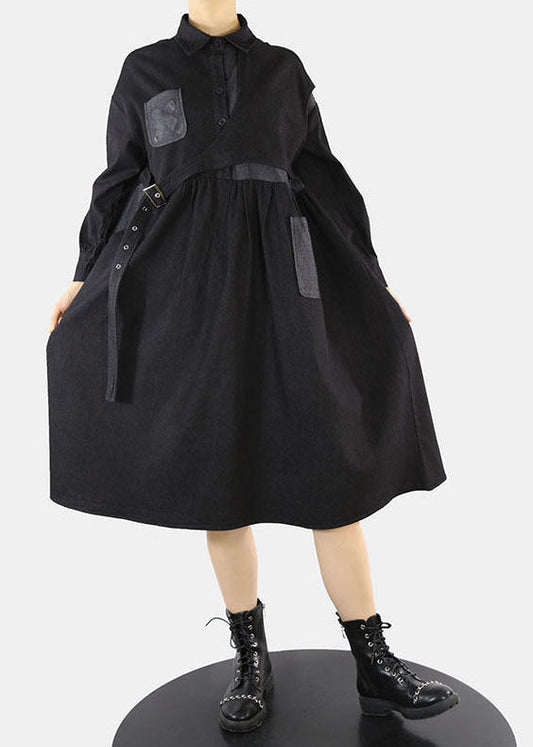 Style Black Asymmetrical Design Cinched Peter Pan Collar Denim Dress
