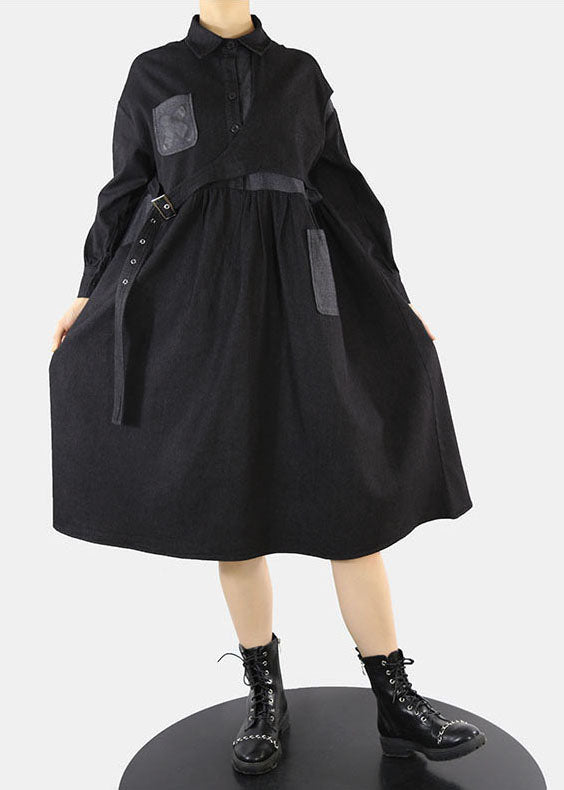 Style Black Asymmetrical Design Cinched Peter Pan Collar Denim Dress