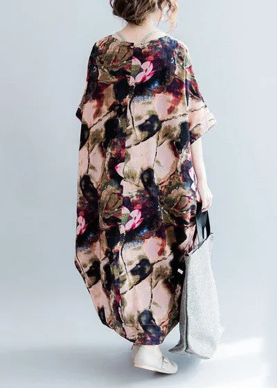 Fine Pink Prints Linen Dresses O Neck Linen Maxi Dress Fine Short Sleeve Linen Caftans