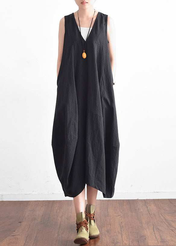 French Black V Neck Linen Clothes for Stylish Design Sleevless Loose Summer Dress