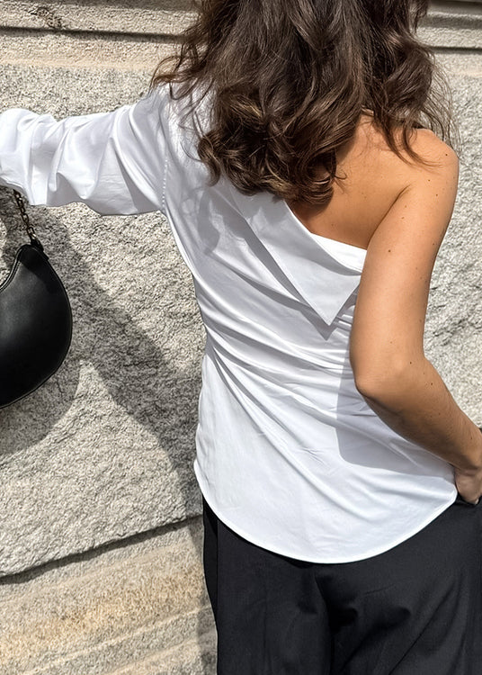White One Shoulder Patchwork Cotton Shirt Tops Fall