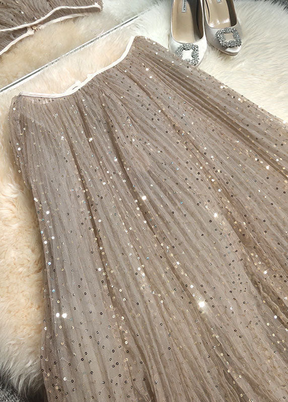 Khaki Embroideried Sequins Tulle a Line Skirt Spring