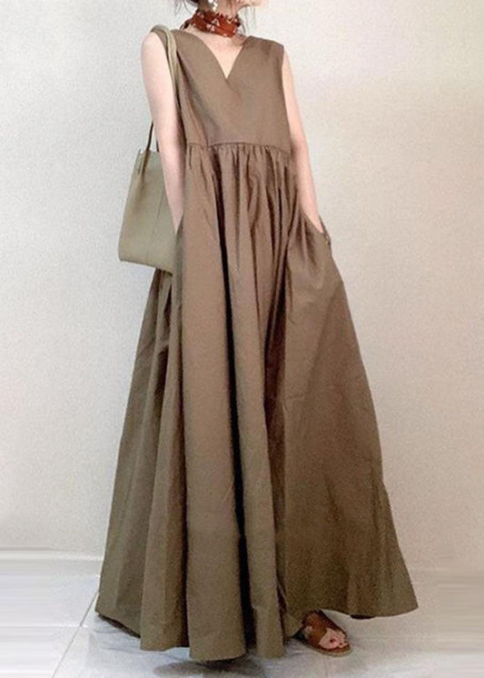 Beige V Neck Patchwork Cotton Holiday Dress Sleeveless