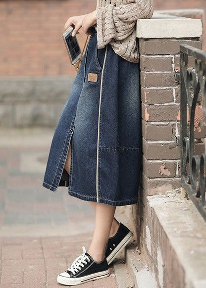 Denim Blue High Waist Pockets Patchwork Side Open Cotton Skirts Cozy