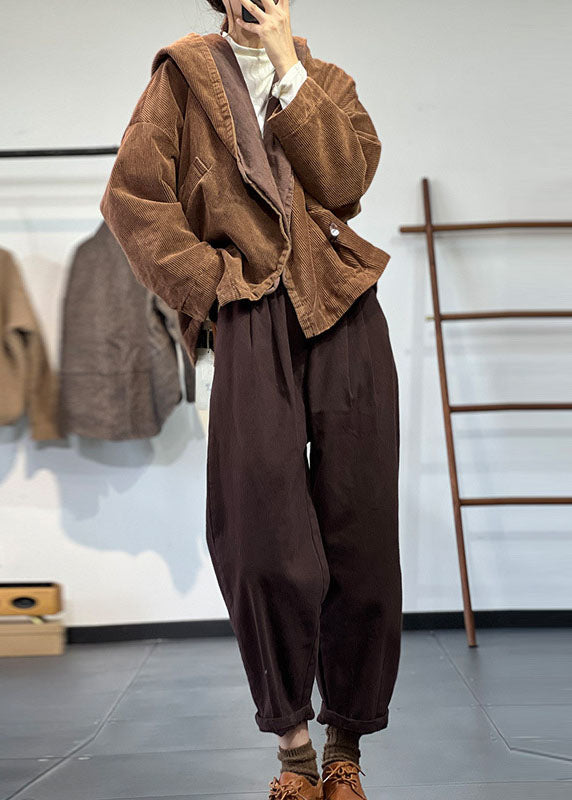 Coffee Hooded Oversized Pockets Corduroy Coat Spring