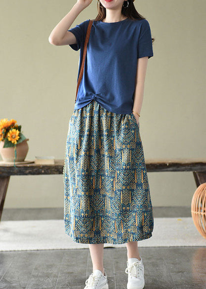 Blue Elastic Waist Pockets Print Linen Skirts Summer