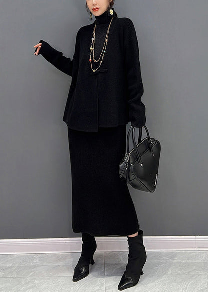 Black V Neck Knit Cardigans and Skirts Two Pieces Set Winter