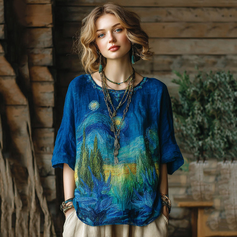 Vintage Oil Painting Inspiration Floral Embroidered Flowy Linen Shirt elevenforest