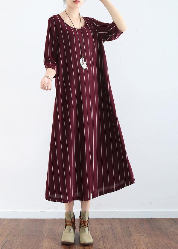 100% Burgundy Cotton Clothes for Catwalk Striped Dresses Summer Dresses
