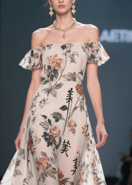 New Retro White Cold Shoulder Print Chiffon Party Dress Summer