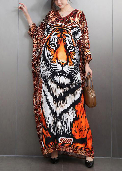 V Neck Animal Print Maxi Dresses Batwing Sleeve