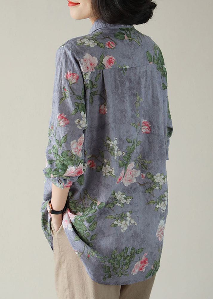 Diy Purple Peter Pan Collar Pockets Button Print Fall Blouses Long Sleeve