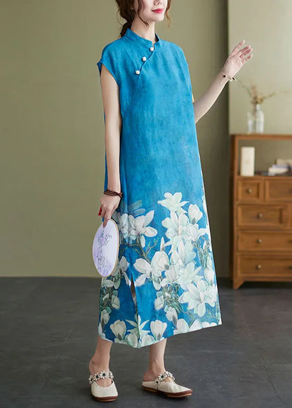 Blue Mandarin Collar Print Side Open Cheongsam Dresses Short Sleeve