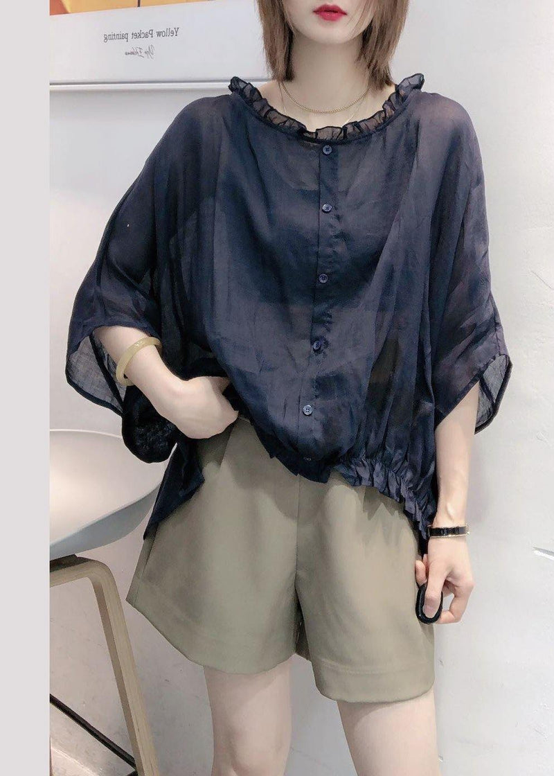 Purple Tops Ruffles Trim Half Sleeve Shirts Blouse