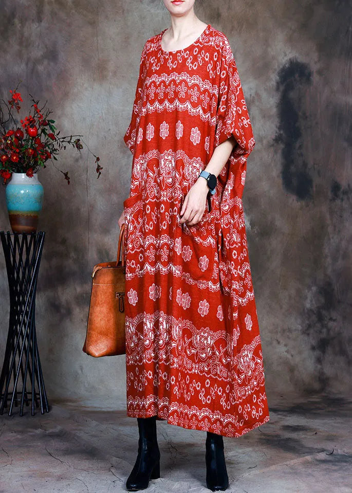 Natural Red Knit O-neck Pockets Fall Dress