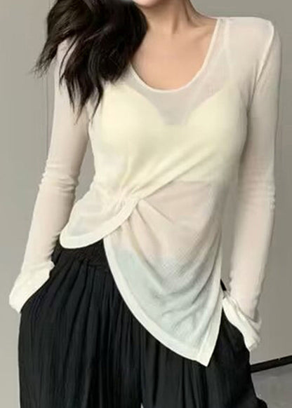Beige Asymmetrical Wrinkled Ice Silk Yoga Top