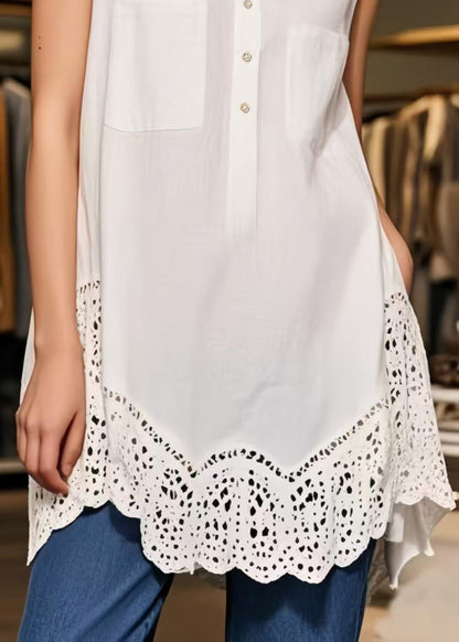 Natural White Peter Pan Collar Hollow Out Cotton Top Sleeveless
