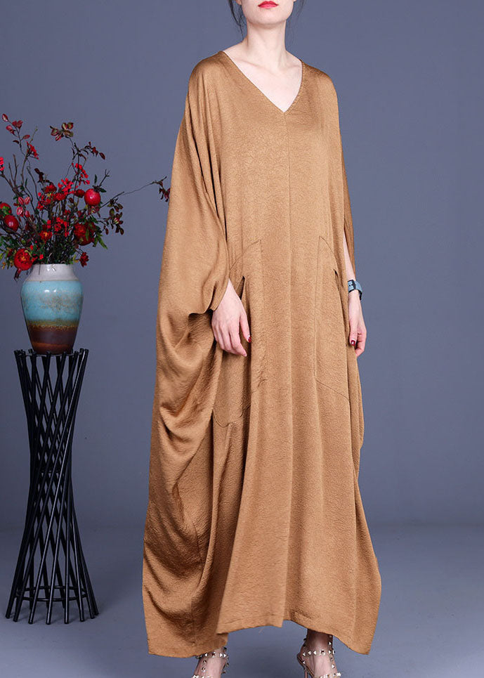 Red Bat Wing Sleeve Silk Maxi Dress V Neck