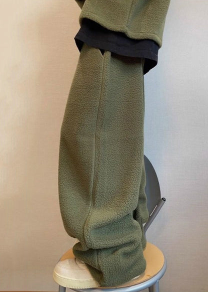 Loose Green Lace Up Elastic Waist Teddy Faux Fur Pants Winter