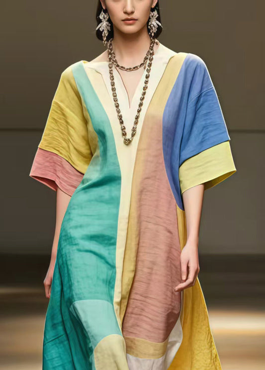 Fitted Polychrome Asymmetrical Patchwork Cotton a Line Dresses Summer