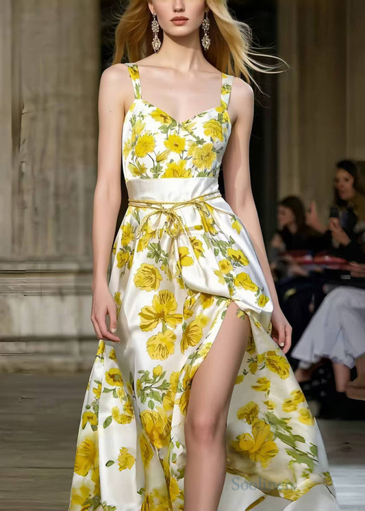 Silm Fit Yellow Print Side Open Silk Sundress Summer