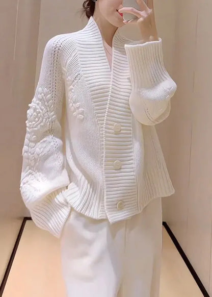 French White V Neck Button Knit Cardigans Spring