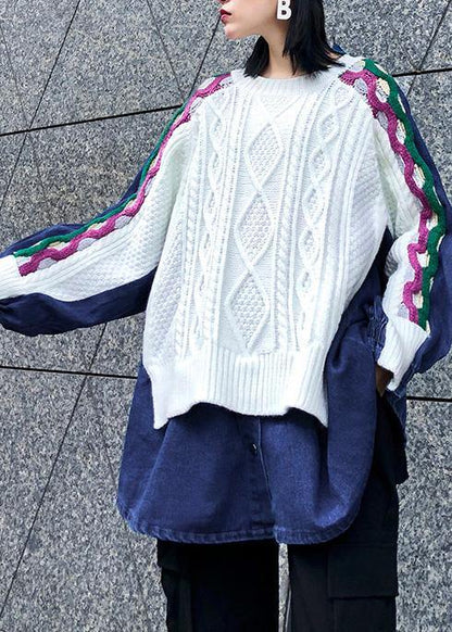White Top O Neck Patchwork Oversized Shirts
