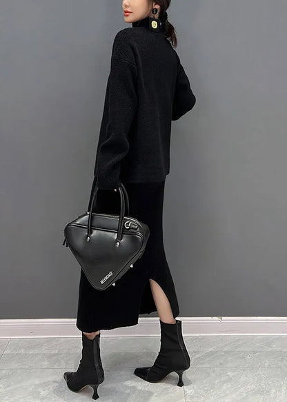 Black V Neck Knit Cardigans and Skirts Two Pieces Set Winter