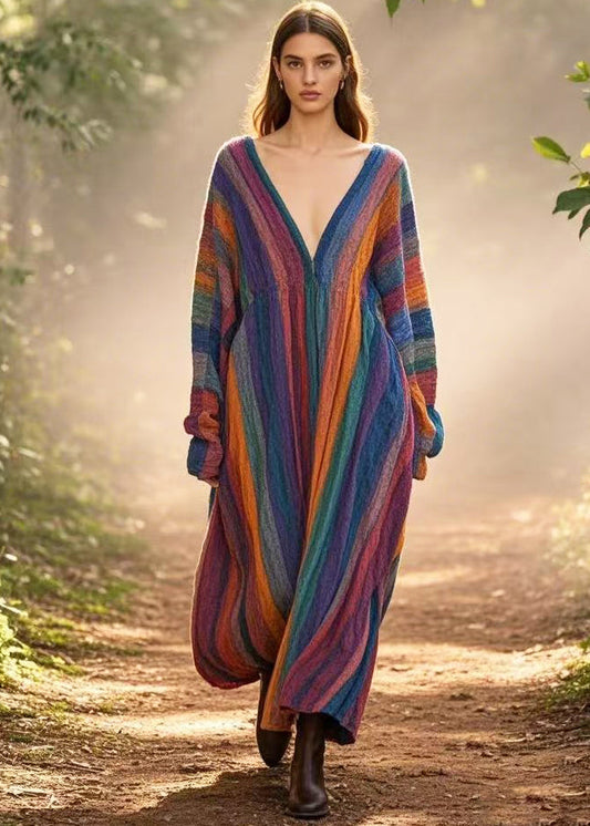 Rainbow Oversized Striped Cotton Long Dresses Spring
