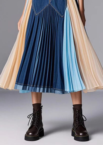 Navy Patchwork Exra Large Hem Denim Skirts Fall