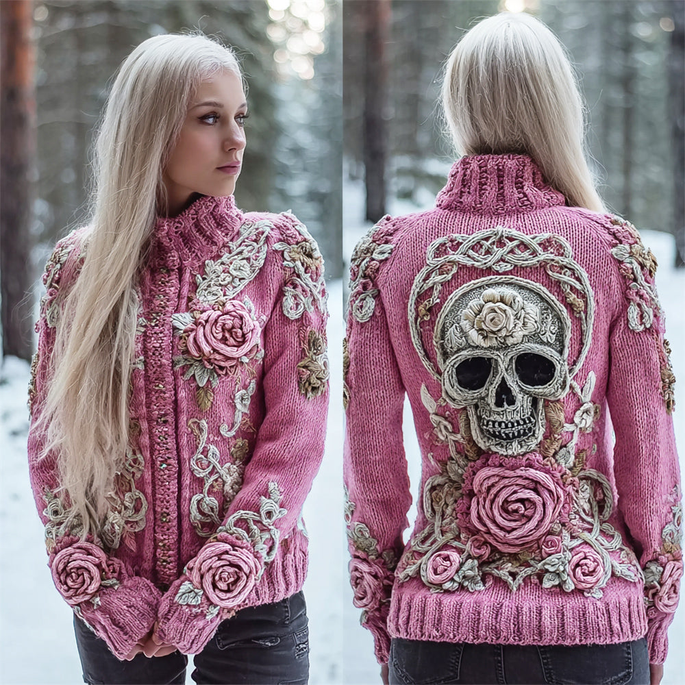 Skull & 3d Floral Knit Art Women's Stand Collar Sweater elevenforest