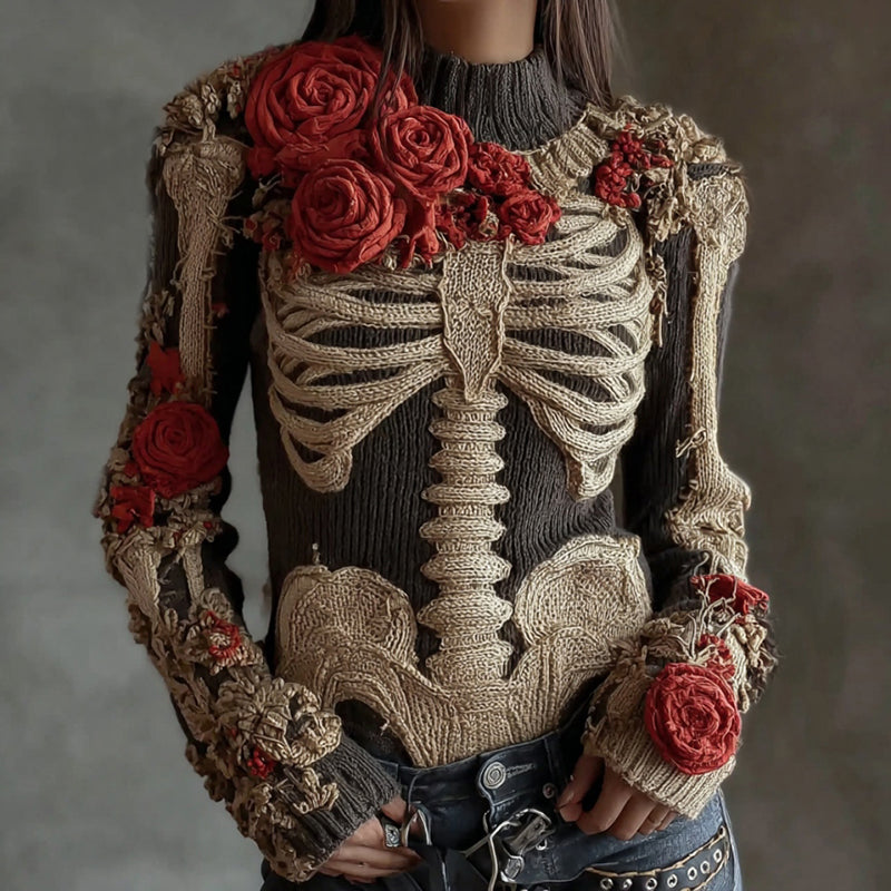 Comstylish Women's Vintage Halloween Skeleton Red Rose Art Knit Sweater
