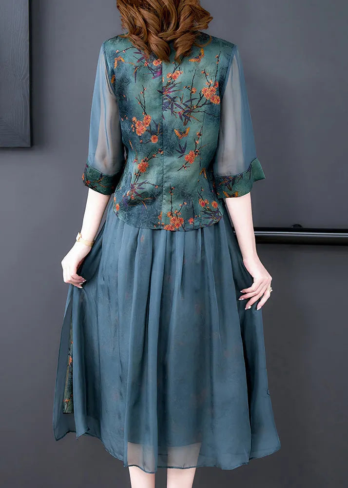 Green Embroideried Button Silk Shirts and Maxi Skirts Two Pieces Set Half Sleeve