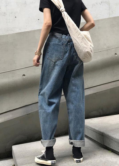 Winter Denim Blue Pants High Waist Wide Leg Trousers