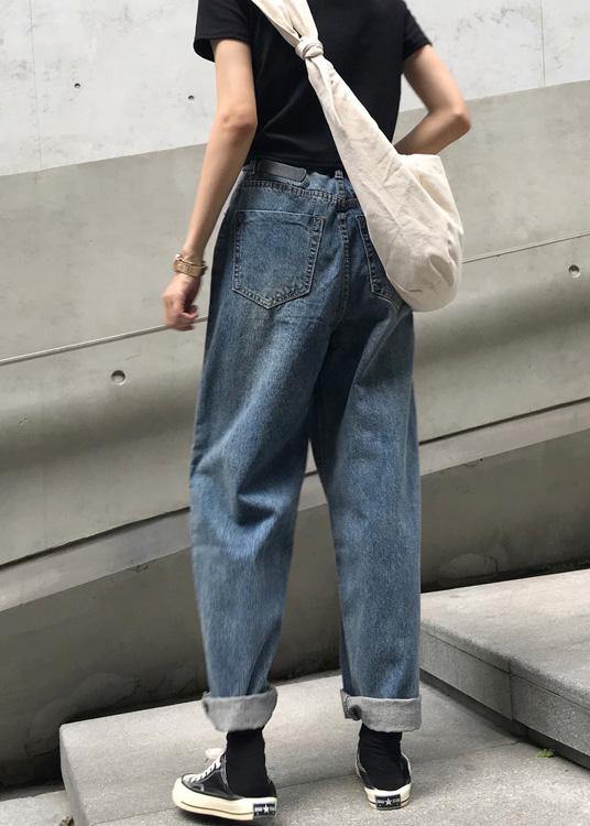 Winter Denim Blue Pants High Waist Wide Leg Trousers