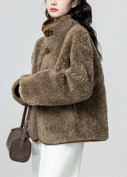 Brown Pockets Wear on Both Sides Fluffy Faux Suede Coats Stand Collar