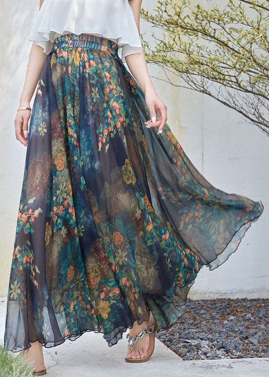 Navy Elastic Waist Print Exra Large Hem Chiffon a Line Skirt Summer