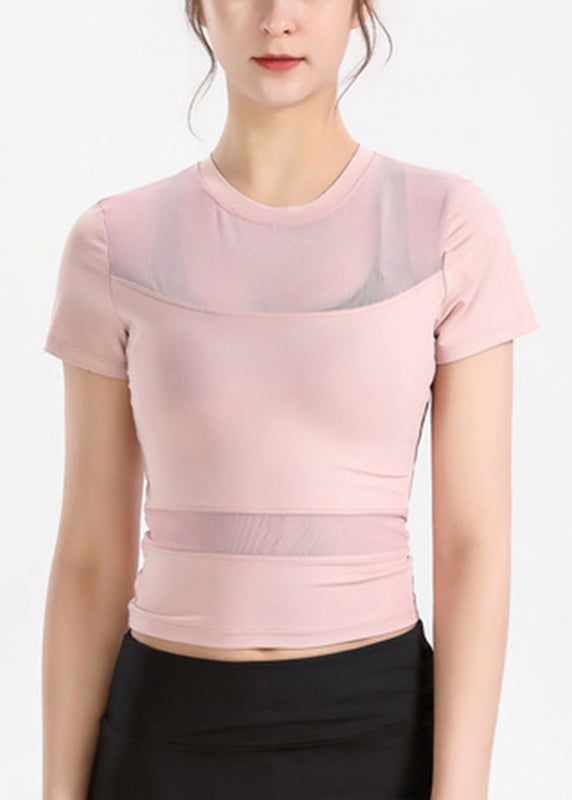 White Tulle Patchwork Short Sleeve Yoga Top