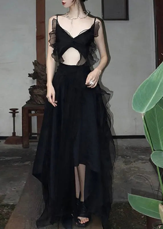 Diy Black V Neck Butterfly Tulle Vest and Maxi Skirts Two Pieces Set Summer