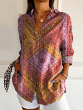 Women's Vintage Ethnic Floral Art Print Casual Cotton Shirt