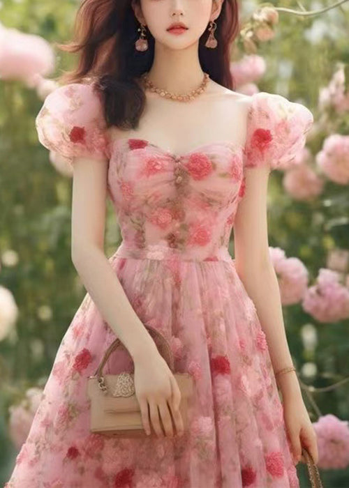 Pink Print High Waist Chiffon Long Dress Summer