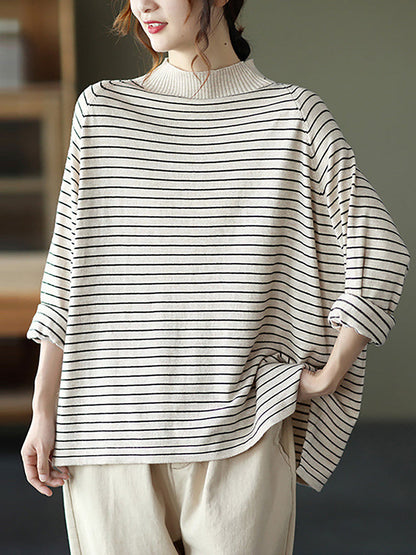 - Stripes Turtleneck Knitted Long Sleeve Sweater