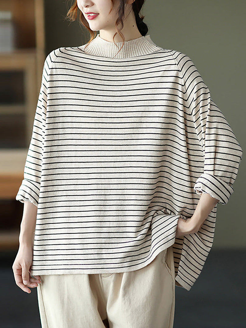 - Stripes Turtleneck Knitted Long Sleeve Sweater