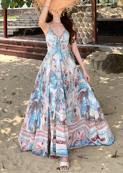 Blue V Neck Print Cotton Spaghetti Strap Dress Sleeveless