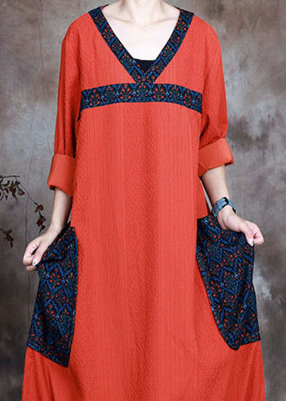 Orange V Neck Pockets Print Fall Long Sleeve Dresses